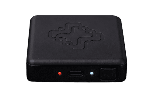 Juxta Asset Tag front view showing status LEDs and USB-C charging port
