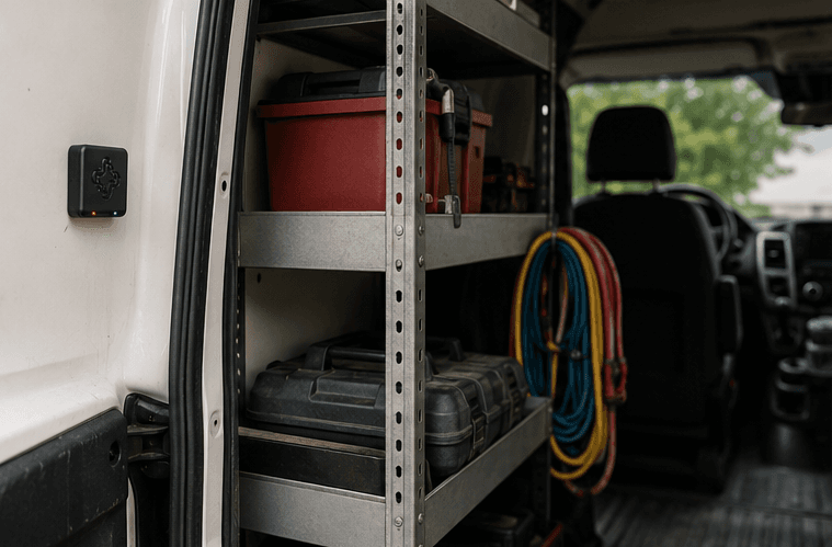 Juxta Asset Tag mounted inside a work van next to shelving and equipment